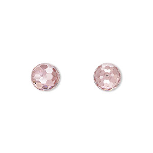 Bead, cubic zirconia, pink, 8mm half-drilled faceted round. Sold per pkg of 2.