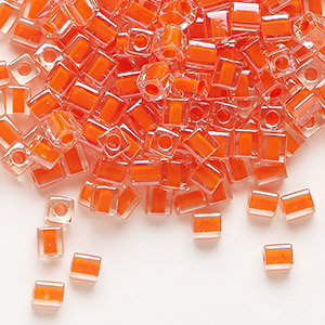 Seed bead, Miyuki, glass, clear color-lined orange, (SB236), 3.5-3.7mm square. Sold per 25-gram pkg.