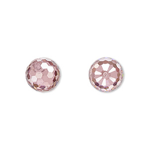 Bead, cubic zirconia, pink, 10mm half-drilled faceted round. Sold per pkg of 2.