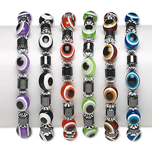 Bracelet, stretch, Hemalyke&#153; (man-made) and resin, multicolored, oval with wards off the evil eye design, 5-1/2 inches. Sold per pkg of 6.