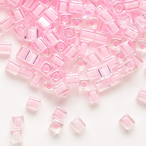 Seed bead, Miyuki, glass, clear color-lined pink, (SB207), 3.5-3.7mm square. Sold per 25-gram pkg.
