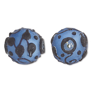 Bead, lampworked glass, opaque matte blue and black with leaf and swirl design, 18mm round. Sold individually.