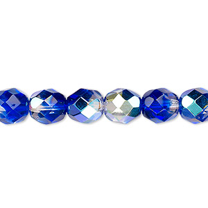 Bead, Czech fire-polished glass, two-tone, crystal / dark blue AB, 8mm faceted round. Sold per pkg of 1/2 mass.