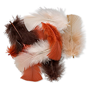 Feather mix, turkey (dyed), fall colors, 2-5 inches. Sold per 0.5-ounce pkg, approximately 170 feathers.