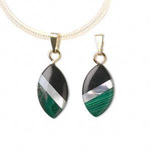 Pendant, black onyx (dyed) / mother-of-pearl shell (bleached) / malachite (natural) / gold-finished steel, 16x9mm marquise. Sold per pkg of 2.