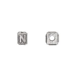 Bead, antiqued pewter (tin-based alloy), 8x6mm rectangle with alphabet letter &quot;N&quot;. Sold per pkg of 4.