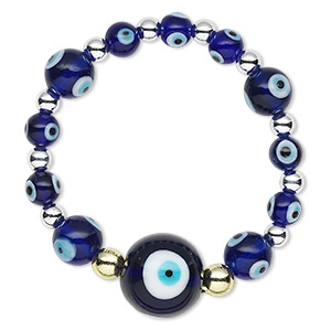 Bracelet, stretch, glass / acrylic / gold-finished or imitation rhodium-plated steel, multicolored, 5-18mm round with wards off the evil eye design, 6 inches. Sold individually.
