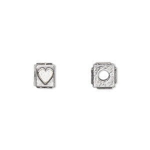 Bead, antiqued pewter (tin-based alloy), 8x6mm rectangle with heart. Sold per pkg of 4.