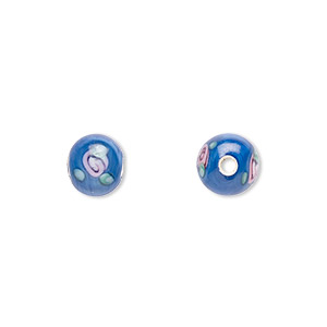 Bead, Czech lampworked glass, opaque blue / pink / green, 6-7mm round with flower design. Sold per pkg of 10.