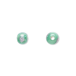 Bead, Czech lampworked glass, opaque green and pink, 6-7mm round with flower design. Sold per pkg of 10.