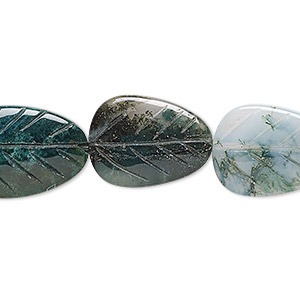 Bead, moss agate (natural), 19x14mm hand-cut carved leaf, B grade, Mohs hardness 6-1/2 to 7. Sold per 8-inch strand, approximately 10 beads.