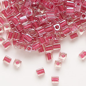Seed bead, Miyuki, glass, clear color-lined metallic pink, (SB2603), 3.5-3.7mm square. Sold per 25-gram pkg.