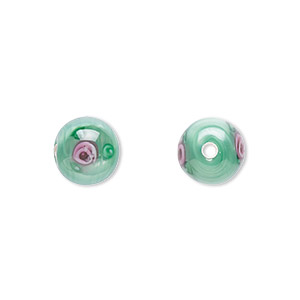 Bead, Czech lampworked glass, opaque pink and green, 8-9mm round with flower design. Sold per pkg of 6.