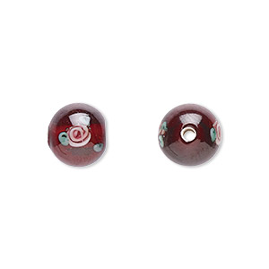 Bead, Czech lampworked glass, opaque red / pink / green, 8-9mm round with flower design. Sold per pkg of 6.