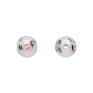 Bead, Czech lampworked glass, opaque white / pink / green, 8-9mm round with flower design. Sold per pkg of 6.