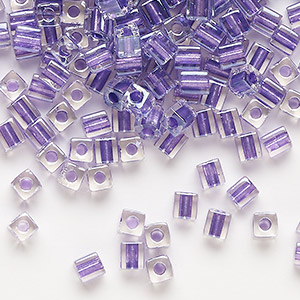 Seed bead, Miyuki, glass, clear color-lined metallic violet, (SB2607), 3.5-3.7mm square. Sold per 25-gram pkg.