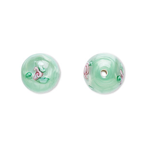 Bead, Czech lampworked glass, opaque green and pink, 10-11mm round with flower design. Sold per pkg of 4.