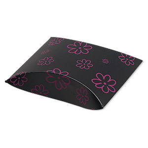 Box, PVC plastic, opaque black and pink, 3-1/2 x 2 x 1-inch assembled pillow with flower design. Sold per pkg of 10.