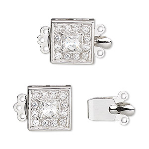 Clear Rectangle Cubic Zirconia Beaded Design Stud Earrings Rhodium Plated Sterling Silver 
