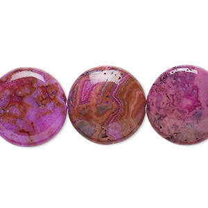 Bead, crazy lace agate (dyed), fuchsia, 18mm puffed flat round, B grade, Mohs hardness 6-1/2 to 7. Sold per 8-inch strand, approximately 10 beads.