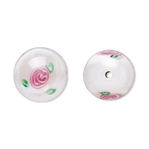 Bead, Czech lampworked glass, opaque white / pink / green, 12-13mm round with flower design. Sold per pkg of 4.