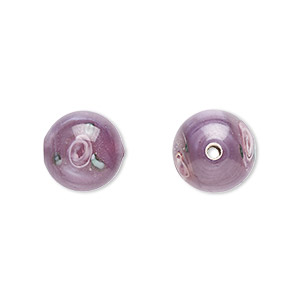 Bead, Czech lampworked glass, opaque purple / pink / green, 10-11mm round with flower design. Sold per pkg of 4.
