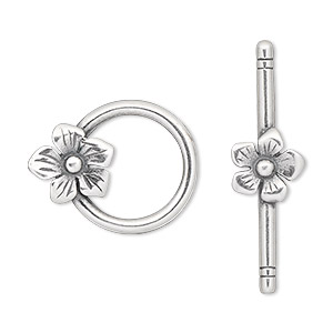 Clasp, JBB Findings, toggle, antique silver-plated pewter (tin-based alloy), 23x18mm single-sided round with flower. Sold individually.