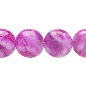 Bead, crazy lace agate (dyed), fuchsia, 16mm puffed flat round, B grade, Mohs hardness 6-1/2 to 7. Sold per 8-inch strand, approximately 10 beads.