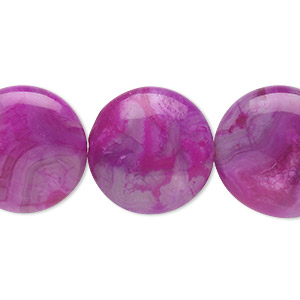 Bead, crazy lace agate (dyed), fuchsia, 20mm puffed flat round, B grade, Mohs hardness 6-1/2 to 7. Sold per 8-inch strand, approximately 10 beads.