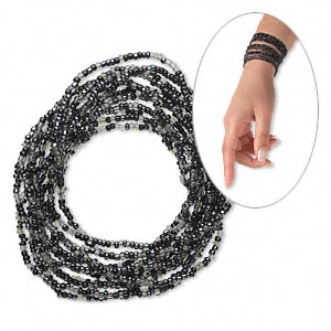 Bracelet, stretch, glass, black and grey, 3mm wide, 7 inches. Sold per pkg of 12.