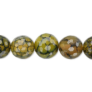 Bead, fire crackle agate (dyed / heated), green, 12mm faceted round, B grade, Mohs hardness 6-1/2 to 7. Sold per 8-inch strand, approximately 15 beads.