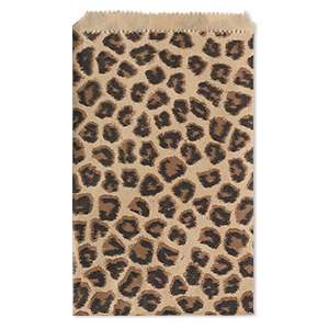 Bag, paper, light brown / dark brown / black, 6x4-inch rectangle with leopard print and scalloped top edge. Sold per pkg of 100.