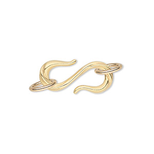 Clasp, JBB Findings, S-hook, gold-plated pewter (tin-based alloy), 22x10mm single-sided with line design and (2) 6-8mm jump rings. Sold individually.