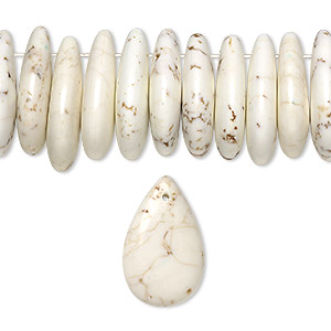 Bead, magnesite (stabilized), white, 25x15mm-29x15mm top-drilled flat teardrop, B grade, Mohs hardness 3-1/2 to 4. Sold per 8-inch strand, approximately 35 beads.