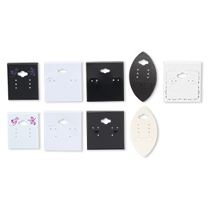 Earring card mix, PVC plastic and paper, assorted color and print, 2x1-1/2 to 2x2 inch squares and 2-3/4 x 1-1/2 inch marquise. Sold per pkg of 100.