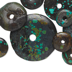 Focal mix, turquoise (dyed / stabilized), blue, 19-76mm round donut, D grade, Mohs hardness 5 to 6. Sold per pkg of 10.