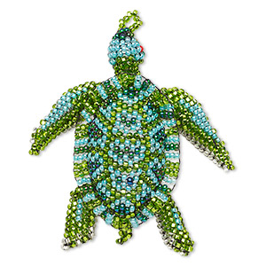 Ornament, glass, blue / green / teal, 3 x 2-1/4 inch seed-beaded sea turtle. Sold individually.