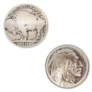 Coin button, Buffalo nickel, nickel, 20mm. Sold individually.