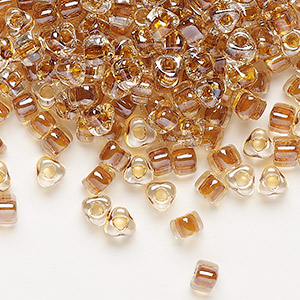 Seed bead, Miyuki, glass, transparent clear color-lined amber yellow, (TR1108), #5 triangle. Sold per 25-gram pkg.