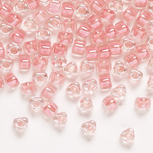 Seed bead, Miyuki, glass, transparent clear color-lined pink, (TR1109), #5 triangle. Sold per 25-gram pkg.