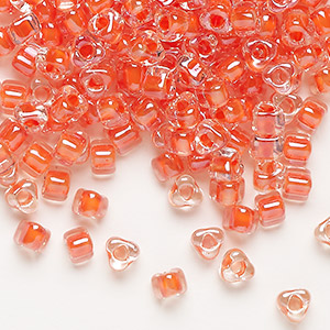 Seed bead, Miyuki, glass, transparent clear color-lined coral, (TR1111L), #5 triangle. Sold per 25-gram pkg.