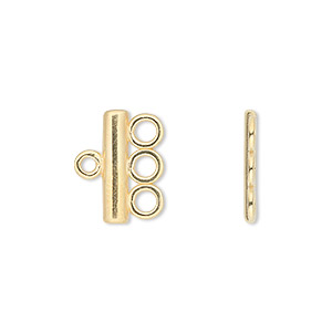 End bar, JBB Findings, gold-plated pewter (tin-based alloy), 15.5x3.5mm single-sided bar with 3 loops. Sold per pkg of 2.