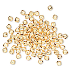 Bead, gold-plated brass, 4mm corrugated double cone. Sold per pkg of 100.