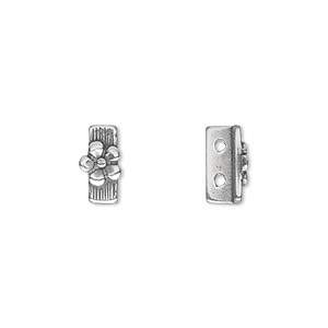 Spacer bar, JBB Findings, antique silver-plated pewter (tin-based alloy), 10x5mm 2-strand rectangle with single-sided flower design. Sold per pkg of 2.