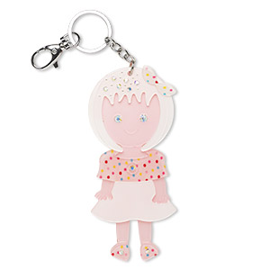 Key ring, chrome-finished steel / acrylic / glass rhinestone, multicolored, 5x2-1/4 inch single-sided girl with split ring and swivel lobster claw clasp. Sold individually.