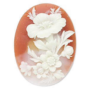 Cabochon, acrylic, peach and white, 40x30mm left-facing non-calibrated oval cameo with flower. Sold individually.