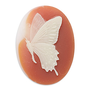 Cabochon, acrylic, peach and white, 40x30mm left-facing non-calibrated oval cameo with butterfly. Sold individually.
