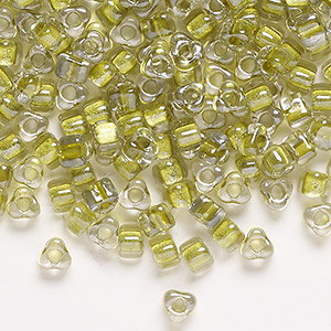 Seed bead, Miyuki, glass, transparent clear color-lined yellow green, (1125), #5 triangle. Sold per 25-gram pkg.
