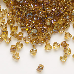 Seed bead, Miyuki, glass, transparent yellow color-lined gold, (TR1126), #5 triangle. Sold per 25-gram pkg.