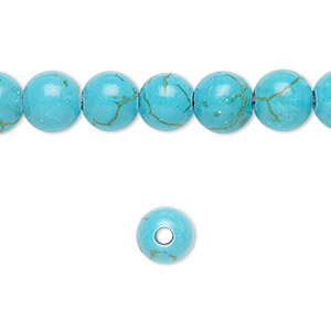 Bead, magnesite (dyed / stabilized), turquoise blue, 8mm round, B grade, Mohs hardness 3-1/2 to 4. Sold per pkg of 10.